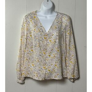 Rachel Zoe Women's Floral Button Front V-Neck Blouse Yellow Grey White Sz Small